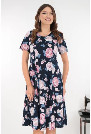Rochie bleumarin in clini cu flori maxi roz-gri