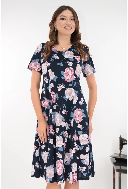 Rochie bleumarin in clini cu flori maxi roz-gri