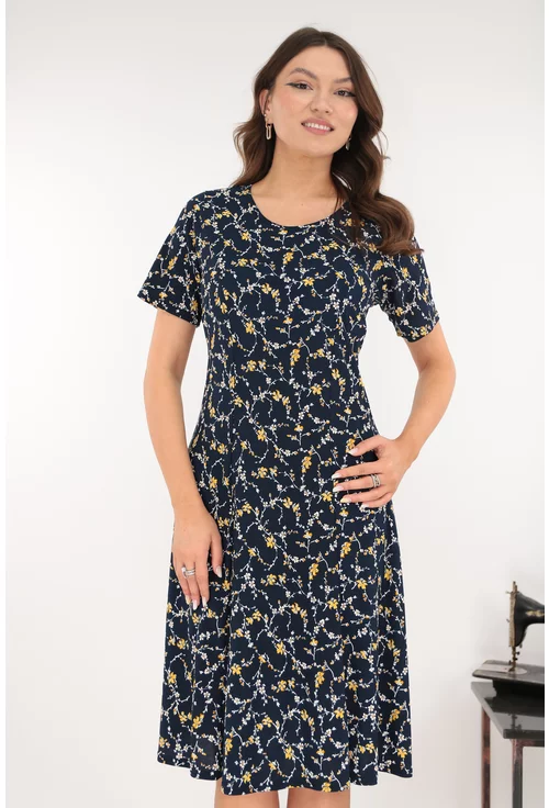 Rochie bleumarin in clini cu imprimeu floral galben