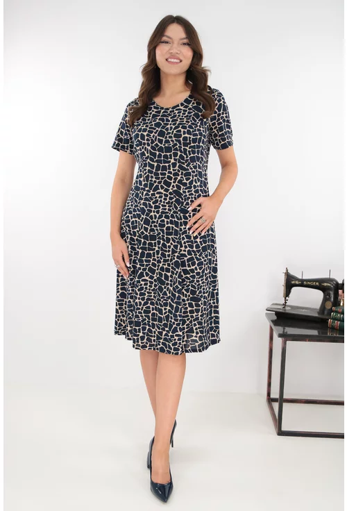 Rochie bleumarin in clini cu print abstract bej