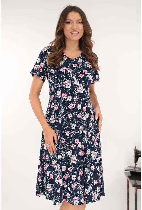 Rochie bleumarin in clini cu print floral fucsia