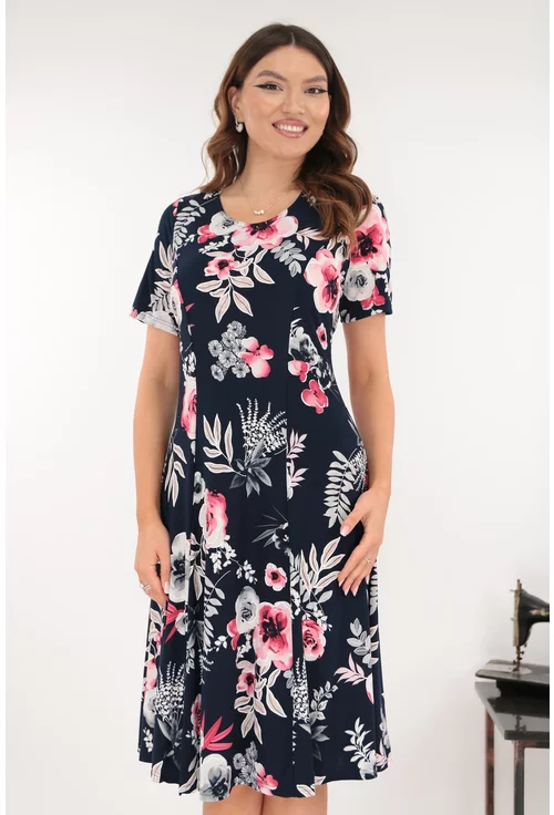 Rochie bleumarin in clini cu print floral maxi fucsia