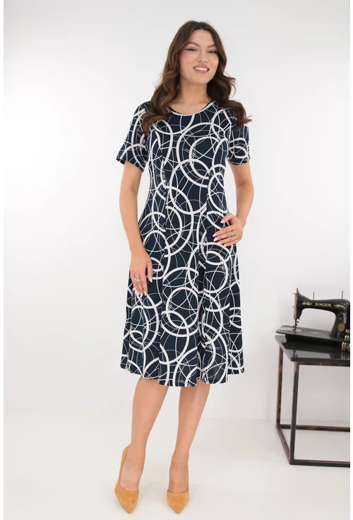 Rochie bleumarin in clini cu print geometric alb