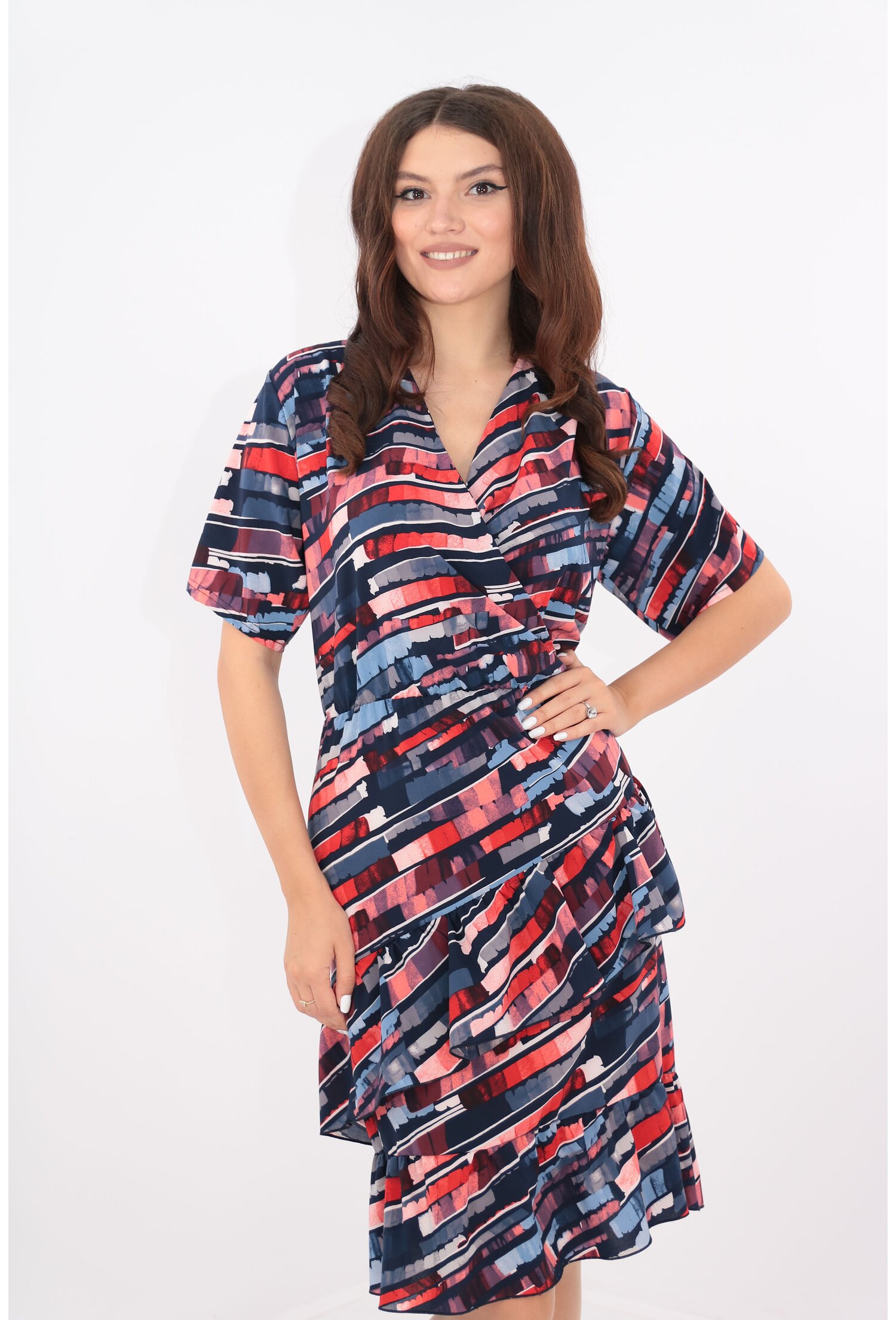 Rochie bleumarin-rosie cu decolteu parte peste parte