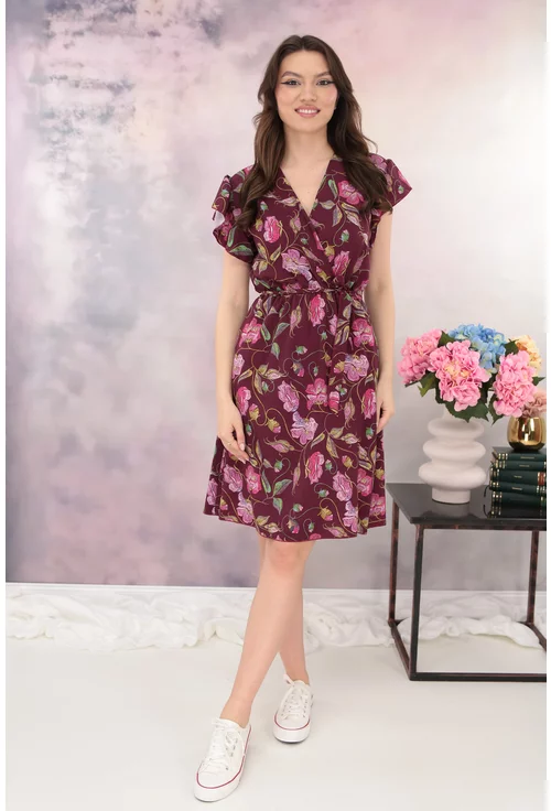 Rochie bordo cu imprimeu floral si cordon in talie