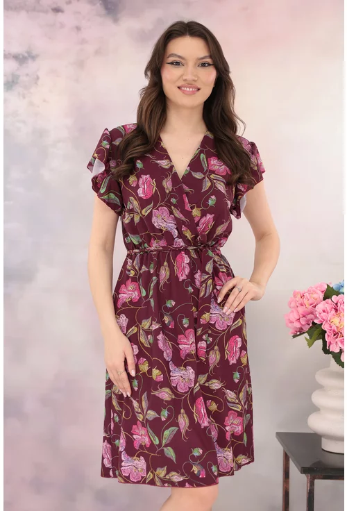 Rochie bordo cu imprimeu floral si cordon in talie
