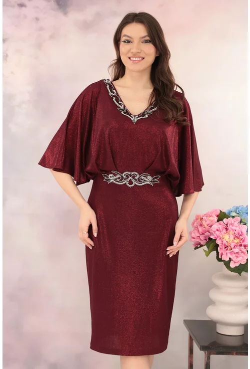 Rochie bordo de ocazie cu strasuri in talie si la decolteu
