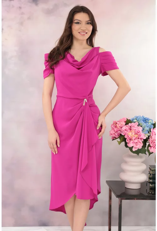 Rochie ciclamen de ocazie cu volanase si tiv asimetric