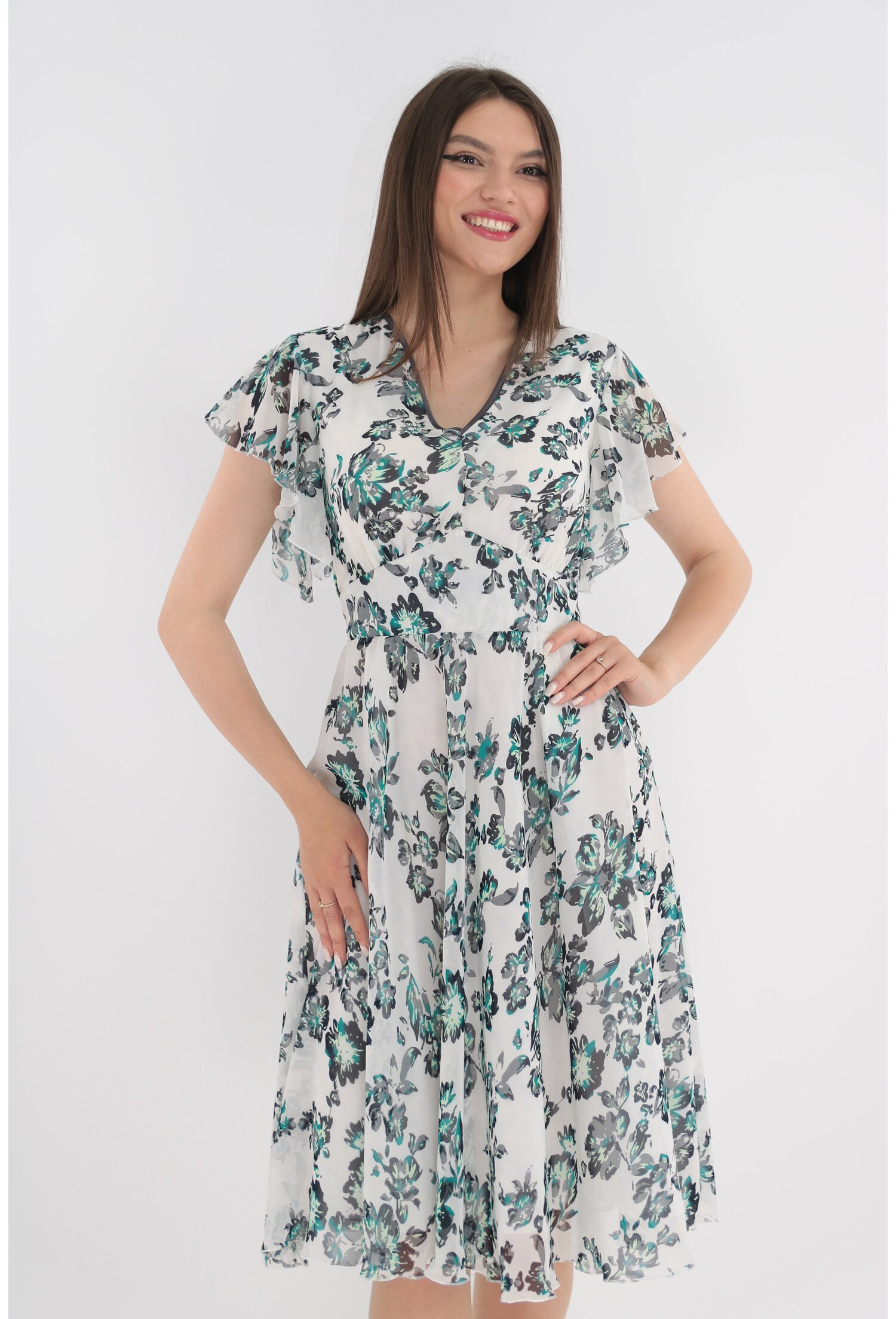 Poze Rochie clos alba cu imprimeu floral verde