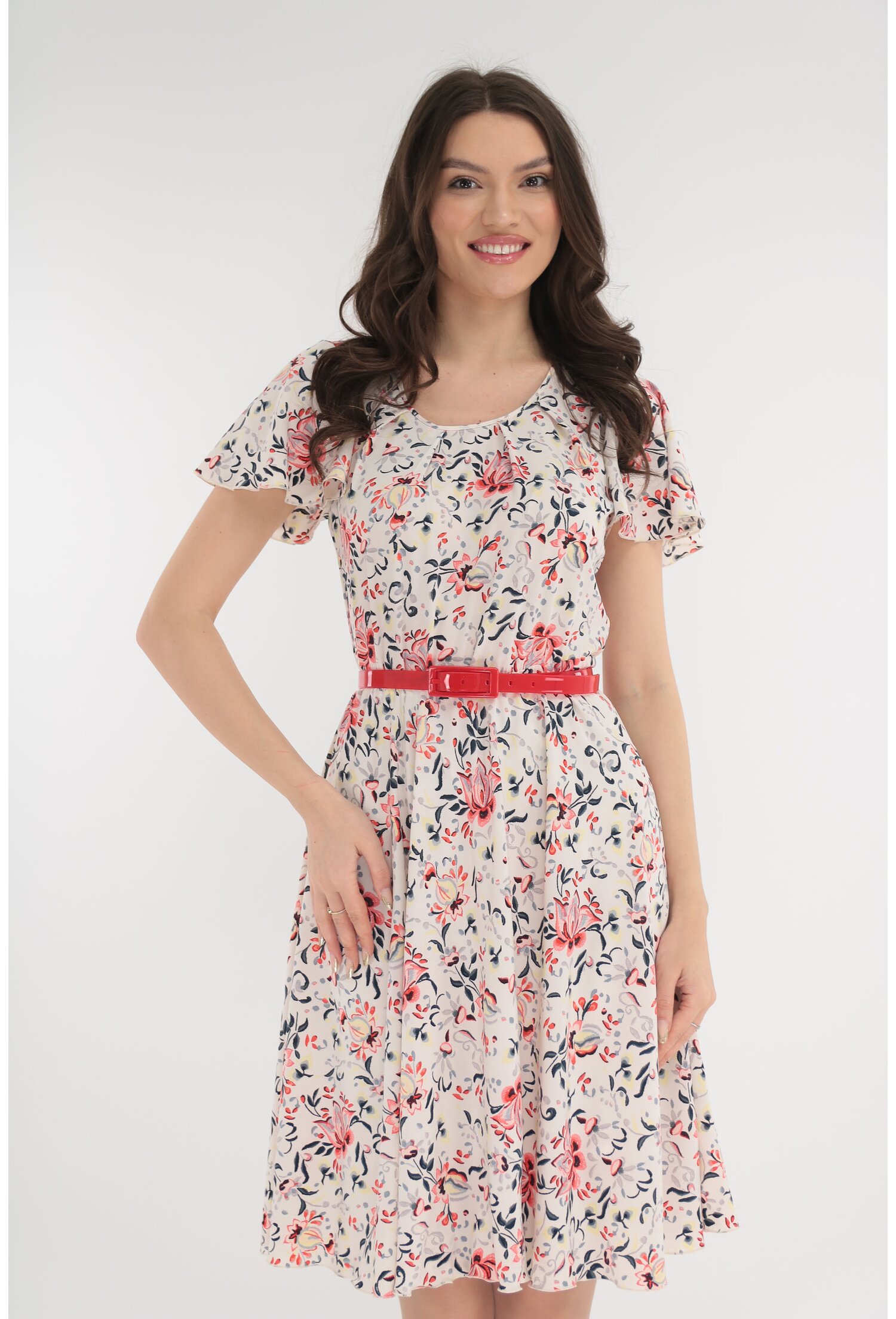 Rochie clos alba cu print floral rosu si curea rosie