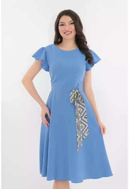 Rochie clos albastra cu cordon multicolor in talie