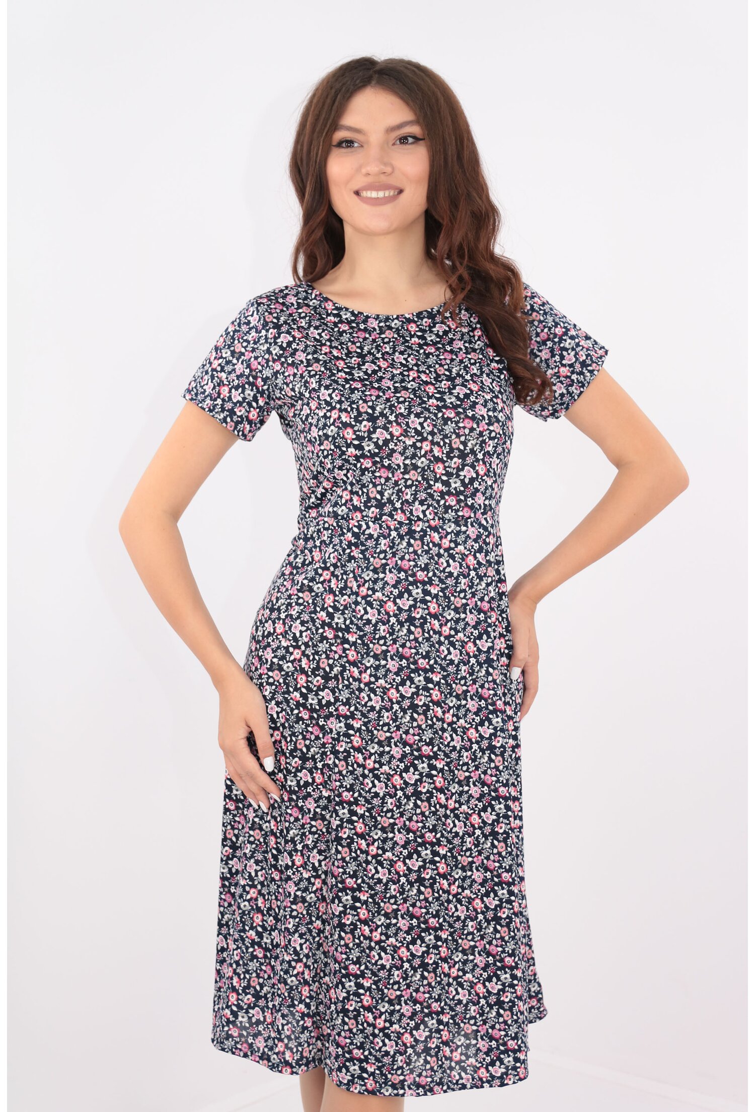 Rochie clos bleumarin cu print floral gri-roz