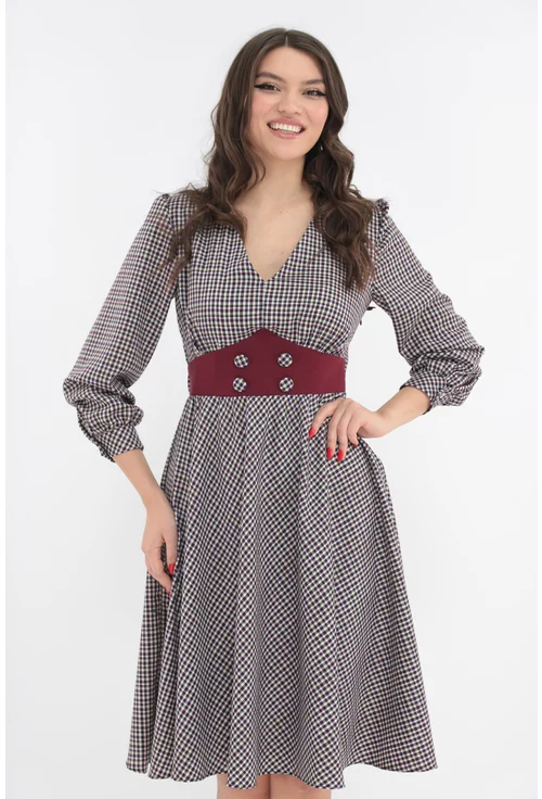 Rochie clos cu imprimeu in carouri bordo-bleumarin