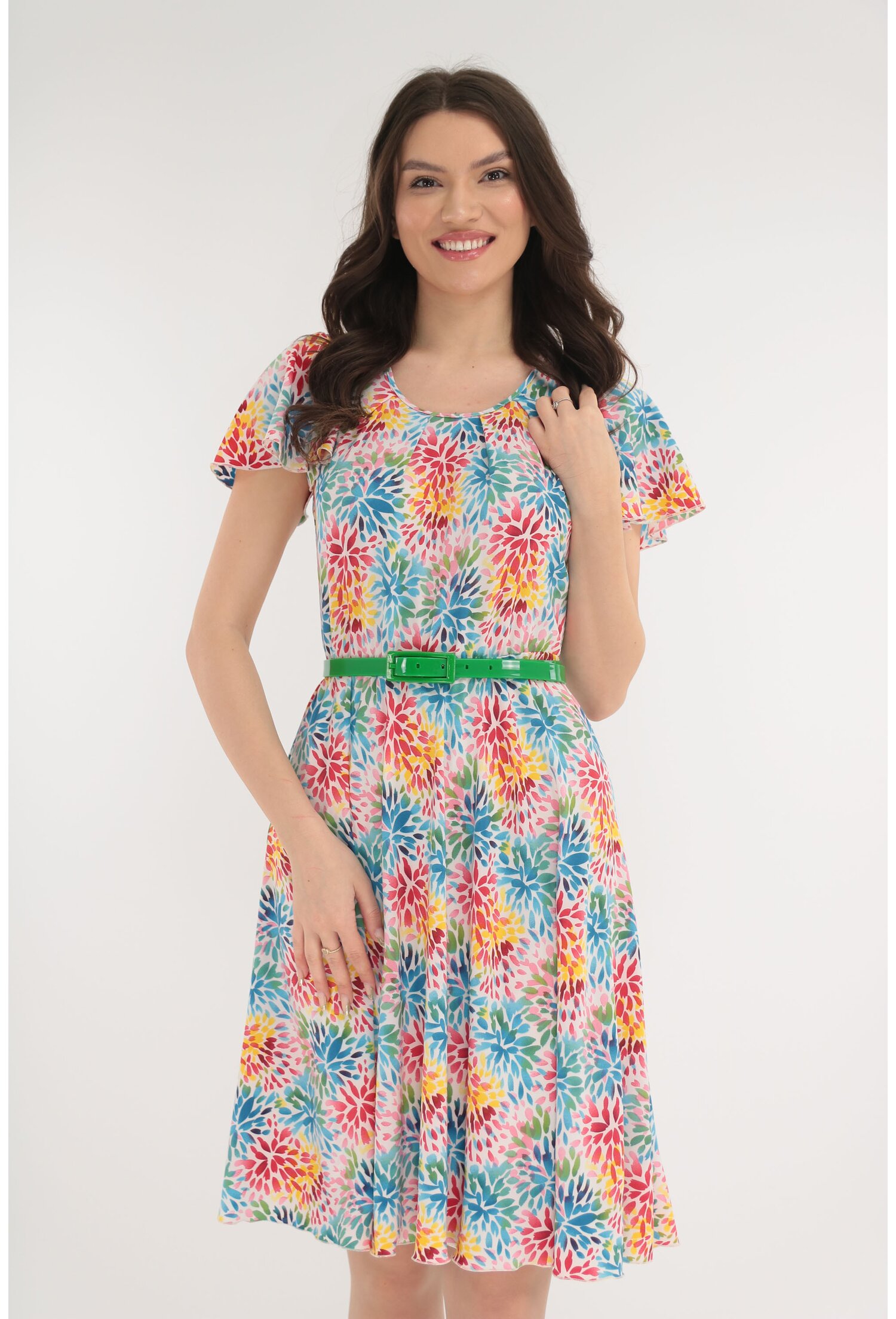 Rochie clos cu print floral multicolor si curea verde