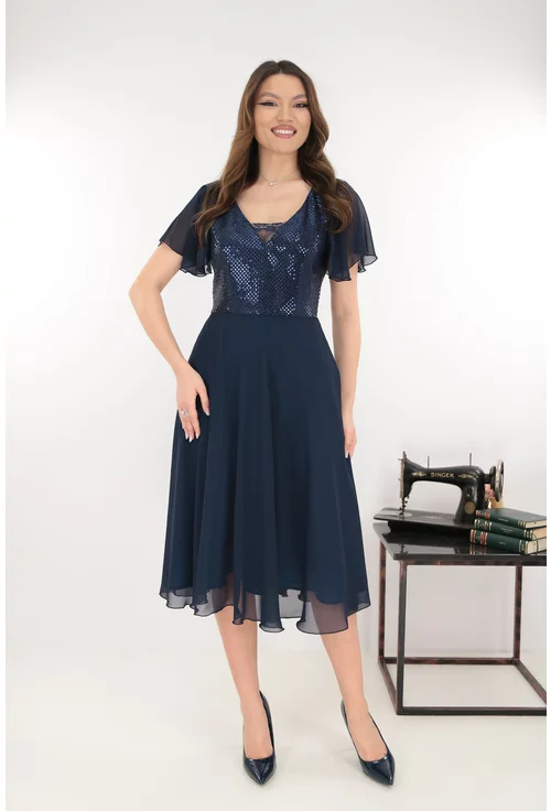 Rochie clos eleganta din voal bleumarin cu paiete
