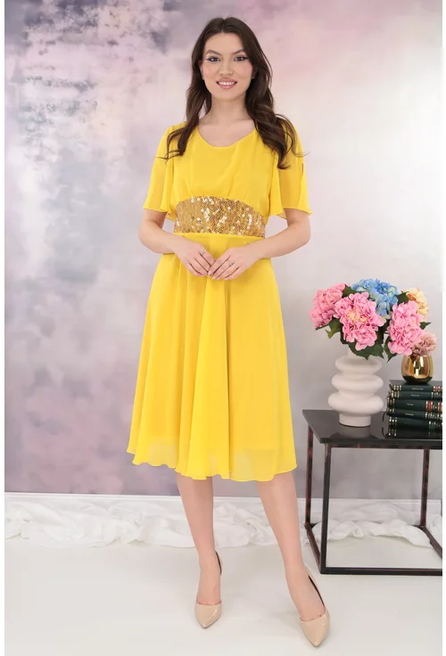 Rochie clos galbena cu cordon din paiete