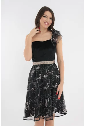 Rochie clos neagra din dantela fina si catifea