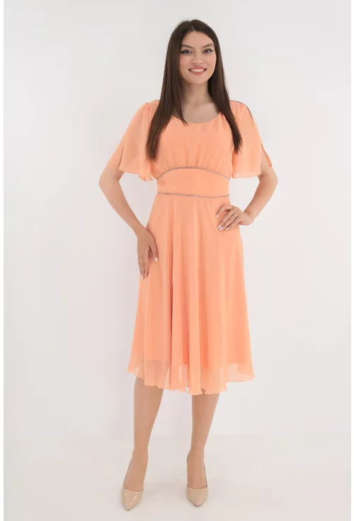 Rochie clos roz-piersica cu margelute argintii in talie