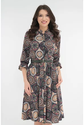 Rochie clos verde cu print abstract si cu o curea in talie