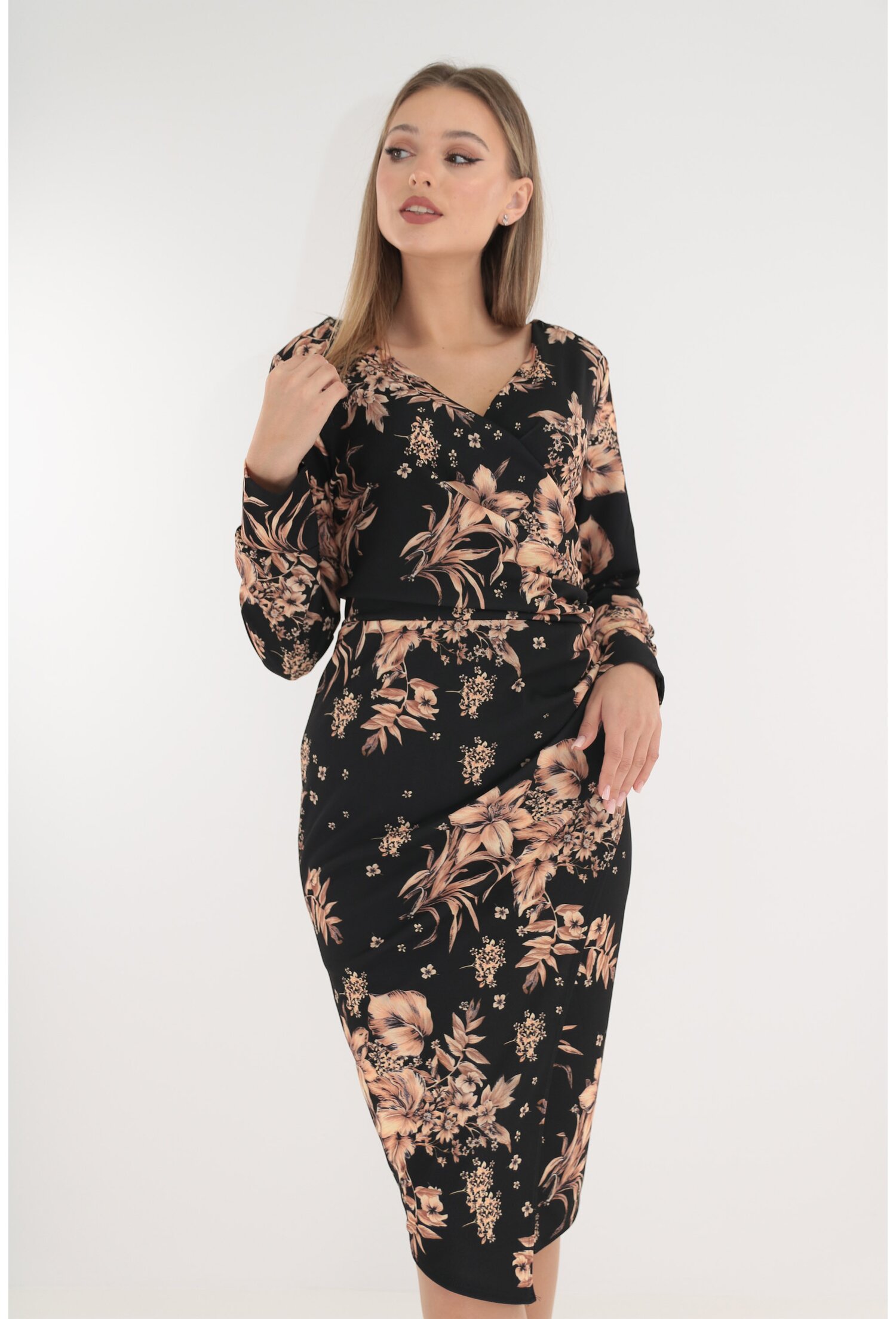 Rochie cocktail neagra cu print floral bej