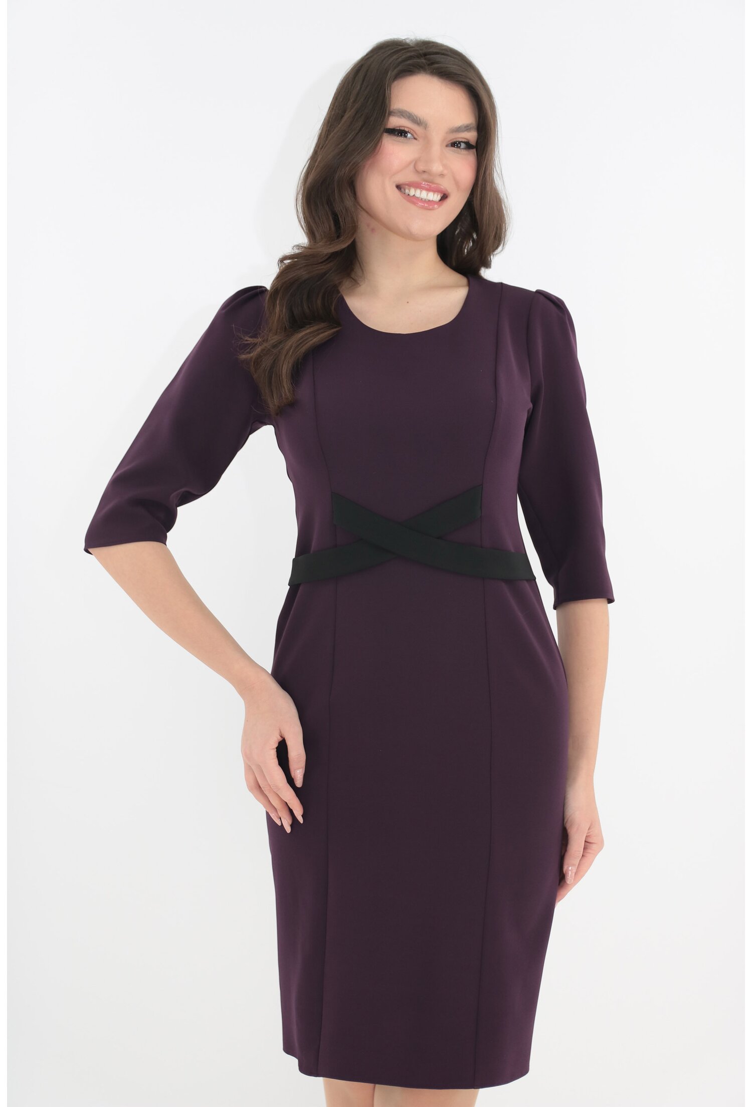 Rochie cocktail violet cu cordon decorativ in talie