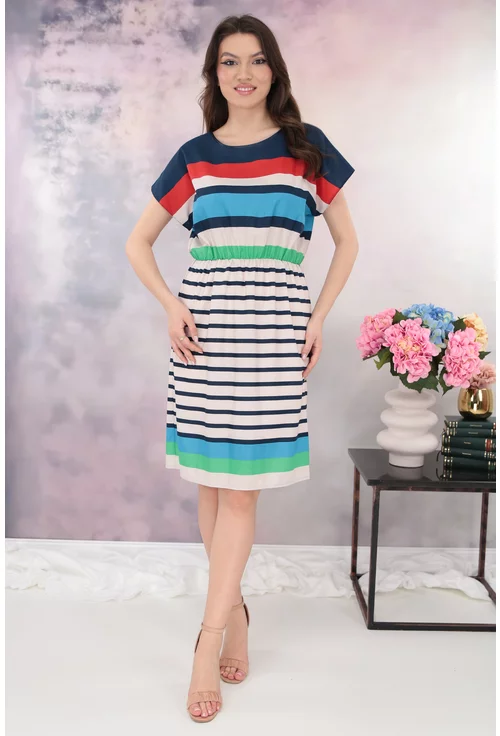 Rochie cu dungi multicolore si elastic in talie