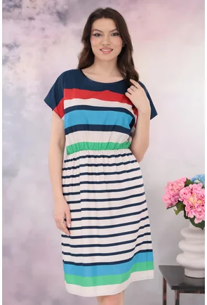 Rochie cu dungi multicolore si elastic in talie