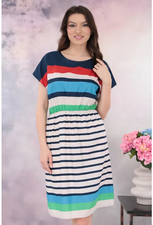 Rochie cu dungi multicolore si elastic in talie