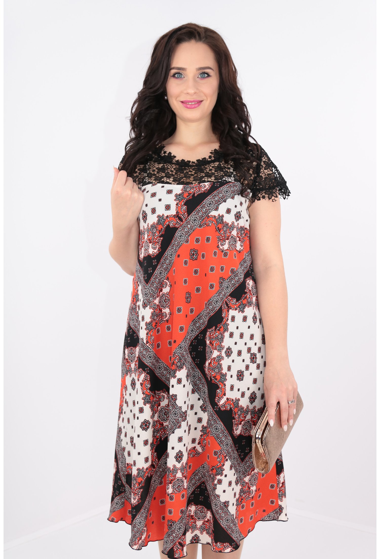 Rochie cu imprimeu orange si dantela neagra