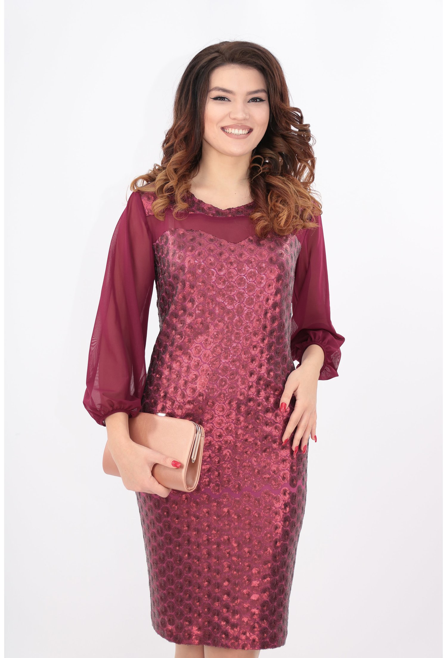 Rochie cu paiete bordo si maneci din tull