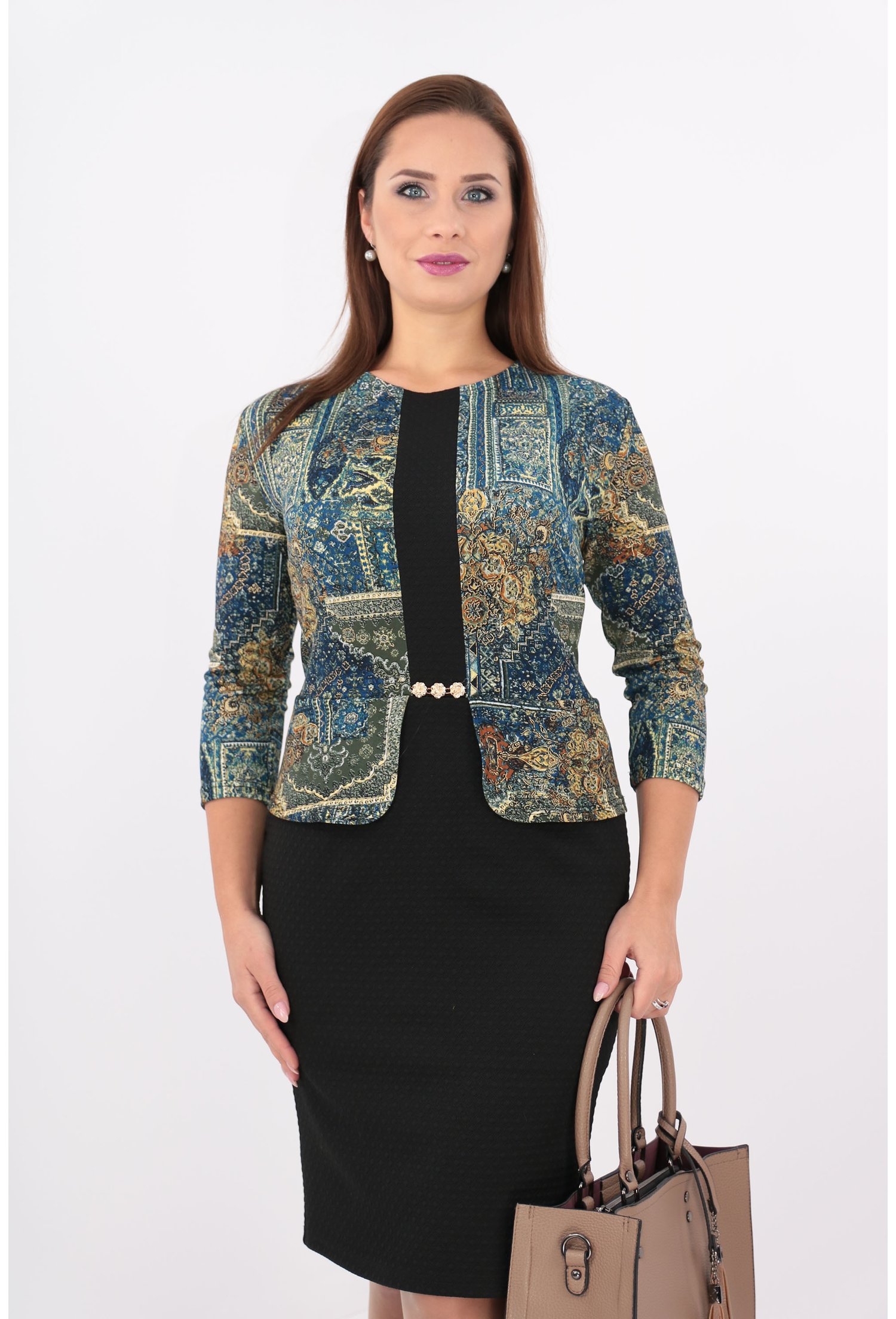 Rochie cu peplum neagra si print geometric verde