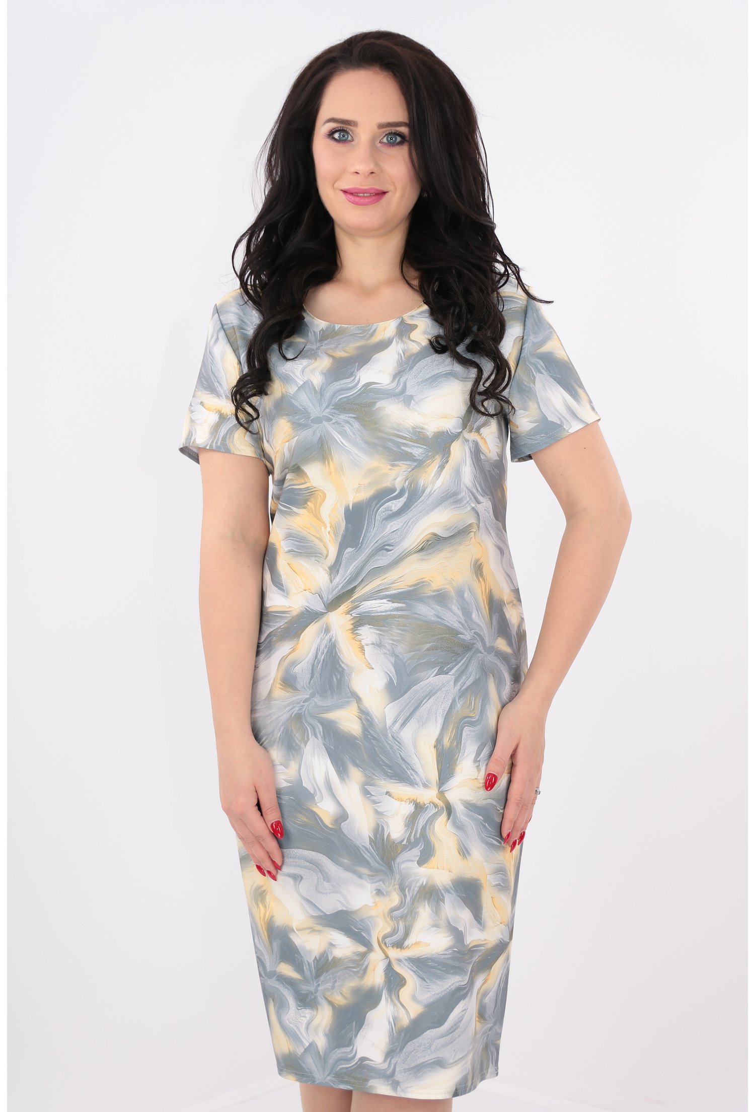 Rochie cu print abastract galben-gri