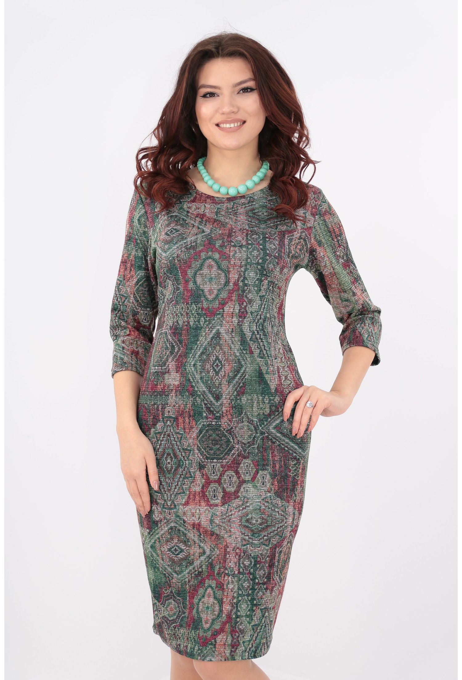 Rochie cu print etno verde si sclipici discret