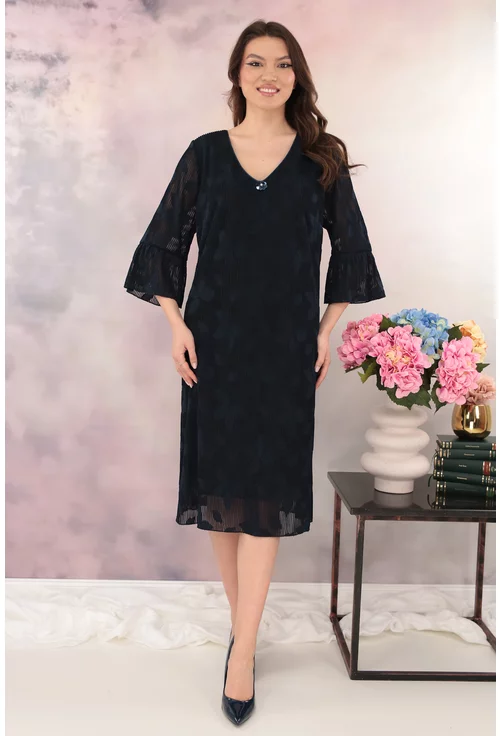 Rochie de ocazie din dantela 3D bleumarin cu accesoriu floral la decolteu