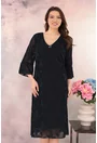 Rochie de ocazie din dantela 3D bleumarin cu accesoriu floral la decolteu