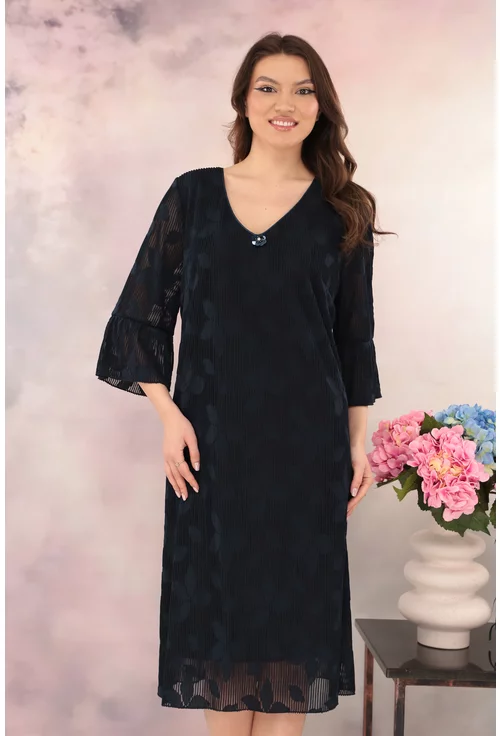 Rochie de ocazie din dantela 3D bleumarin cu accesoriu floral la decolteu
