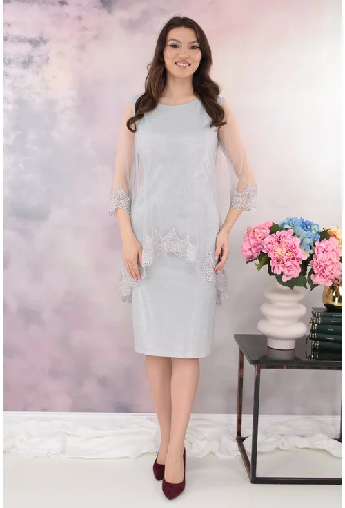 Rochie de ocazie din lurex cu pelerina din tulle si broderie gri