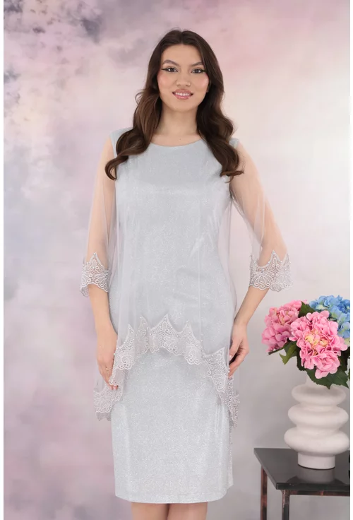 Rochie de ocazie din lurex cu pelerina din tulle si broderie gri