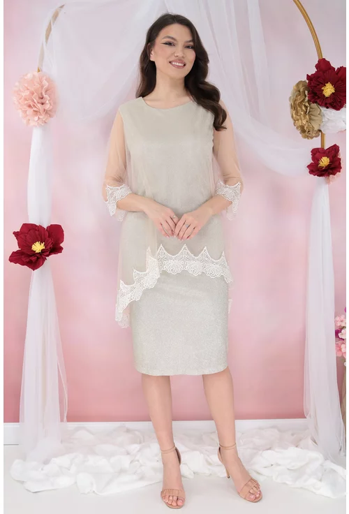 Rochie de ocazie din lurex cu pelerina din tulle si broderie ivory