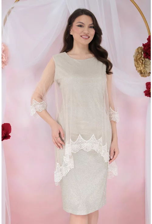 Rochie de ocazie din lurex cu pelerina din tulle si broderie ivory