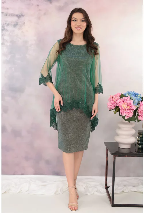 Rochie de ocazie din lurex cu pelerina din tulle si broderie verde