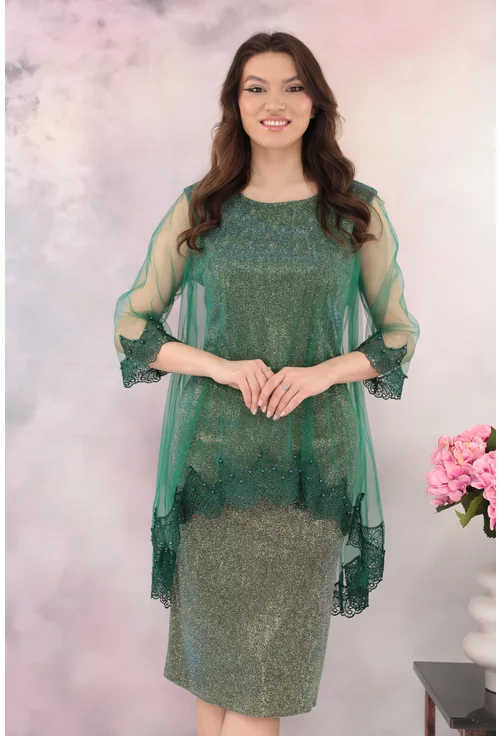 Rochie de ocazie din lurex cu pelerina din tulle si broderie verde