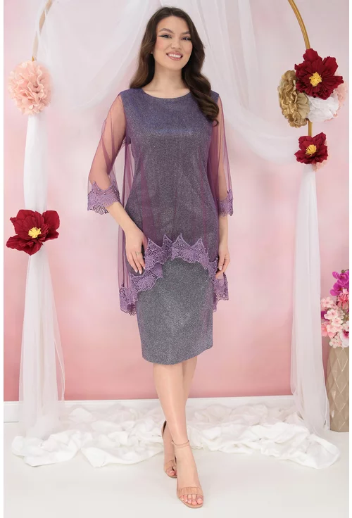 Rochie de ocazie din lurex cu pelerina din tulle si broderie violet