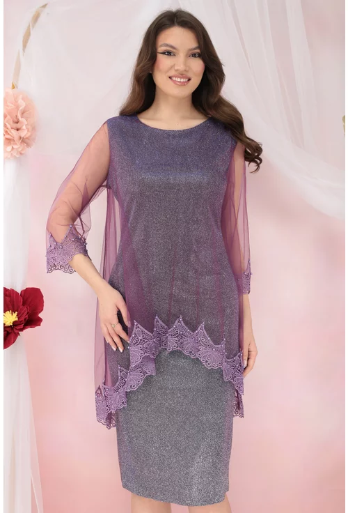 Rochie de ocazie din lurex cu pelerina din tulle si broderie violet