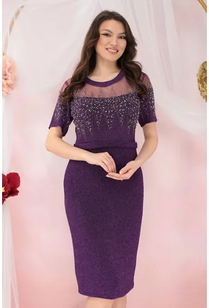 Rochie de ocazie din lurex mov cu strasuri si tulle la decolteu