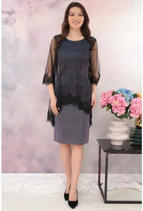 Rochie de ocazie din lurex violet cu pelerina din tulle si broderie negre