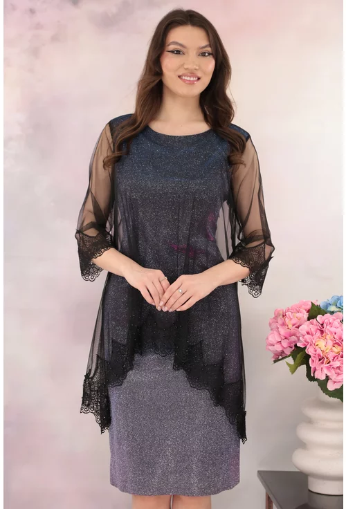 Rochie de ocazie din lurex violet cu pelerina din tulle si broderie negre