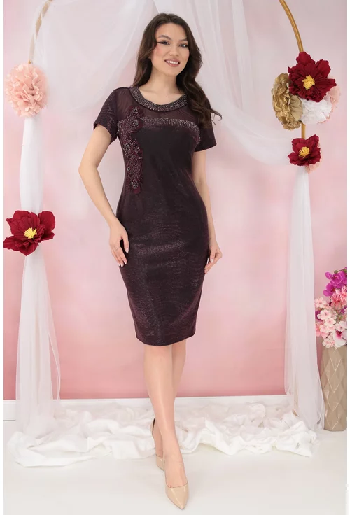 Rochie de ocazie din lurex violet cu strasuri la decolteu si broderie