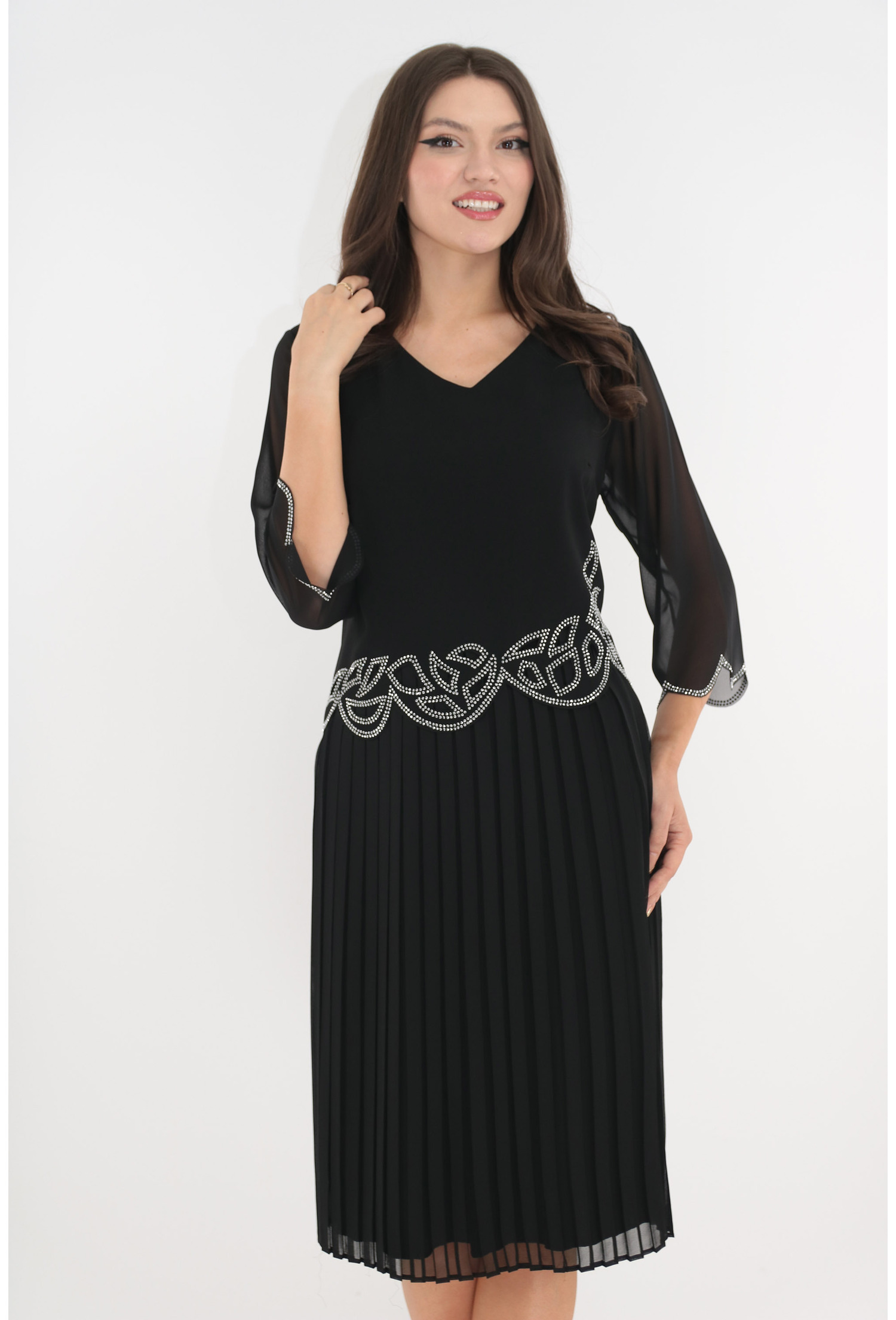 Poze Rochie de ocazie neagra din voal plisat cu strasuri argintii