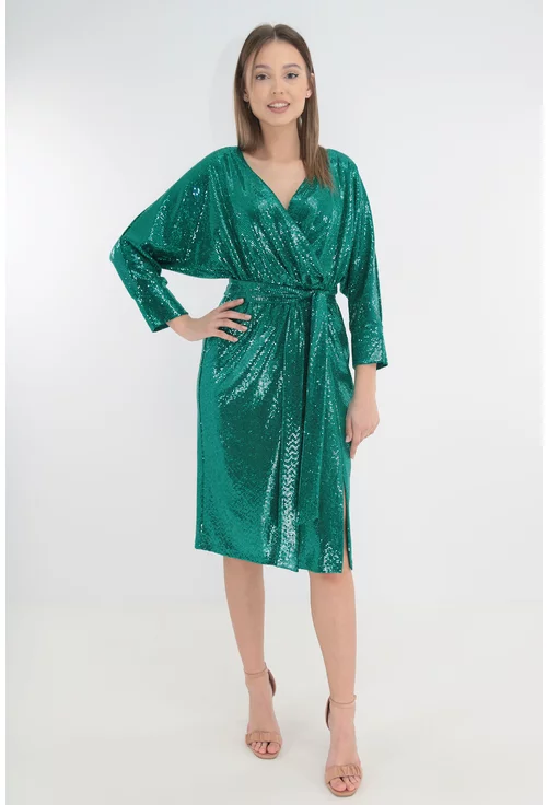 Rochie de ocazie verde-smarald cu paiete si decolteu suprapus